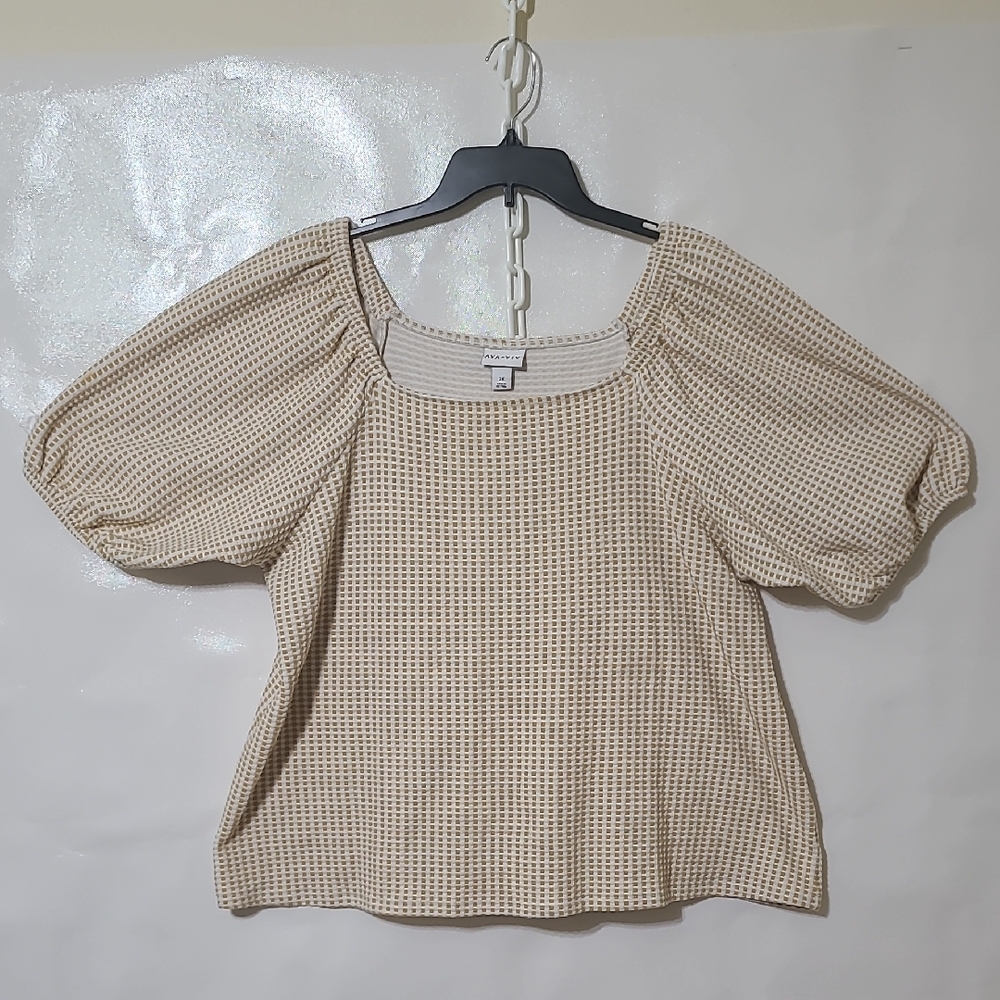 AVA & VIV Women's Mustard Yellow & White Puff Sleeve Top - Size 2X